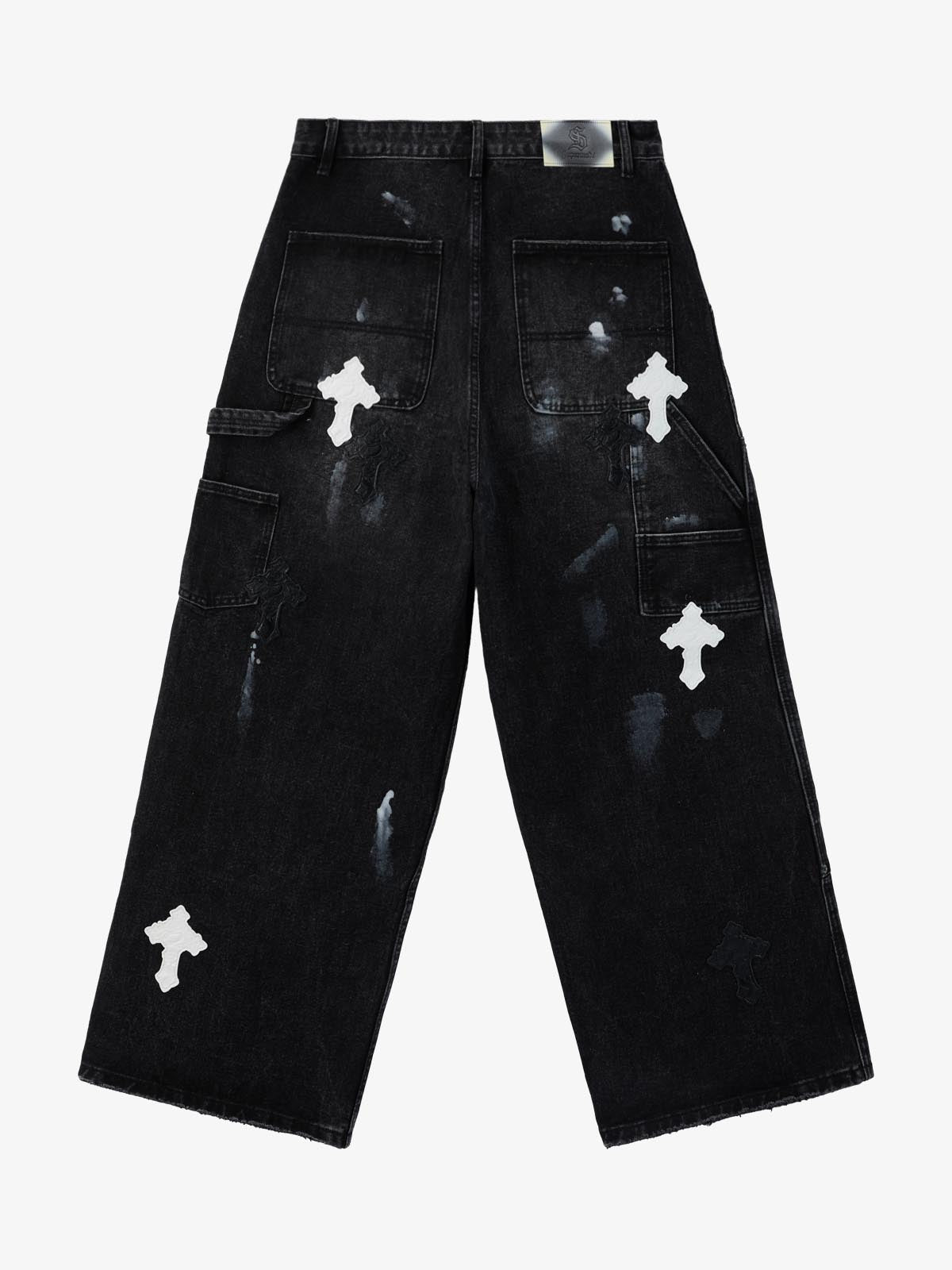 Distressed Cross Patchwork Baggy Denim Jeans - 2613