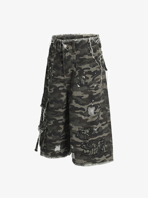 Distressed Camo Multi-Pocket Straight-Leg Jorts - 2611
