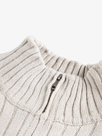 Retro Abstract Print Ribbed Stand Collar Zip-Up Sweater