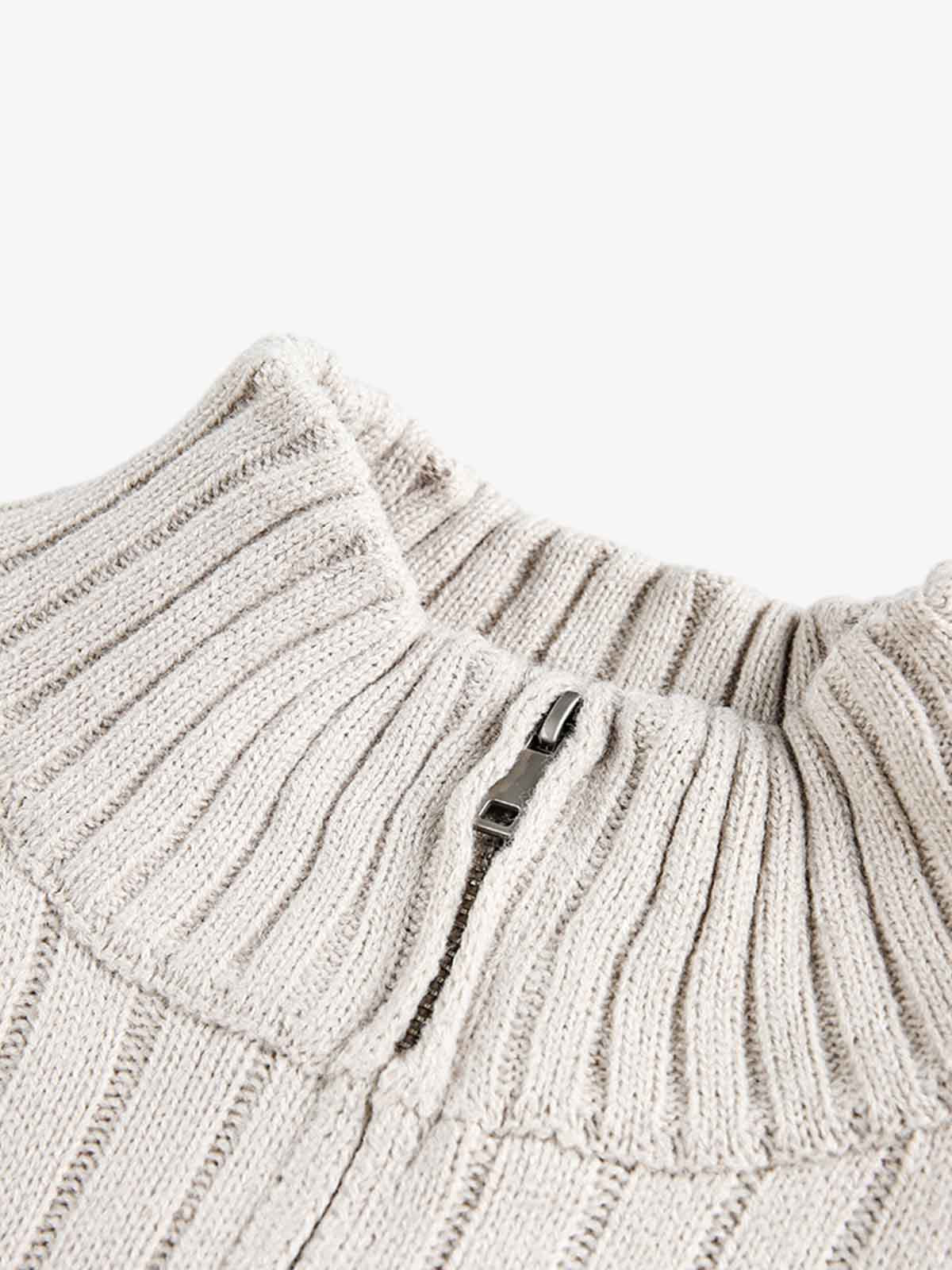 Retro Abstract Print Ribbed Stand Collar Zip-Up Sweater
