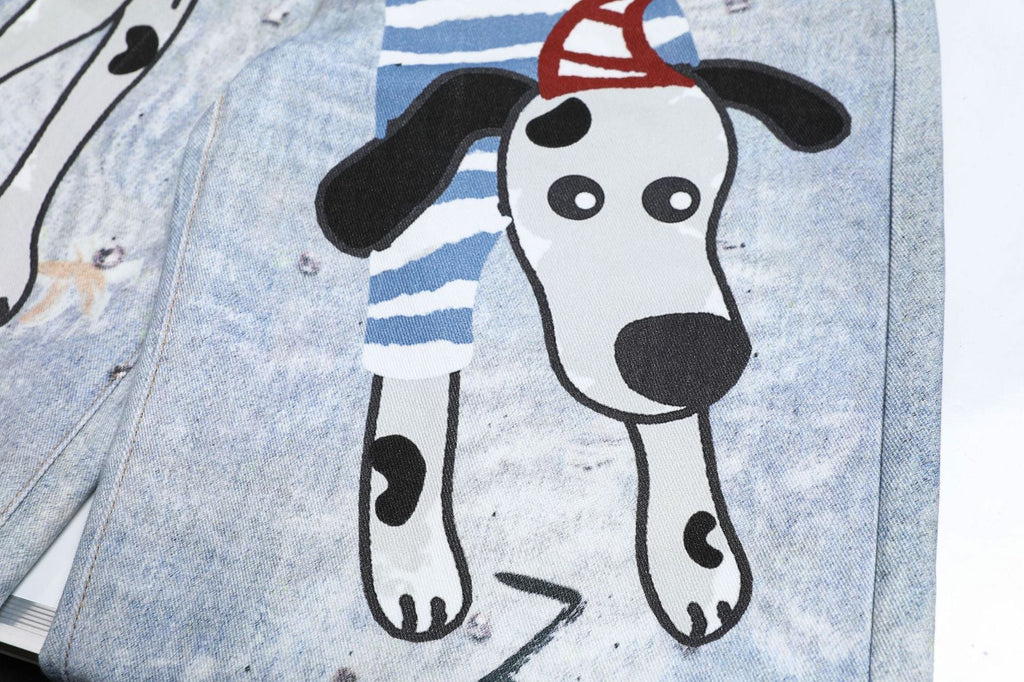 Cartoon Dalmatian Dog Graphic Distressed Washed Jeans
