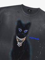 Splatter Design Chain Black Cat Graphic T-Shirt