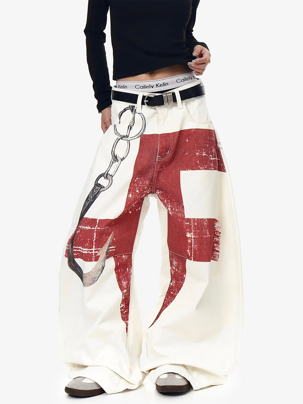 Vintage Distressed Chain Print Oversized Canvas Baggy Pants