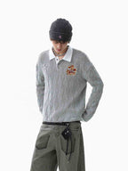 Retro Contrast Collar Embroidery Knit Sweater