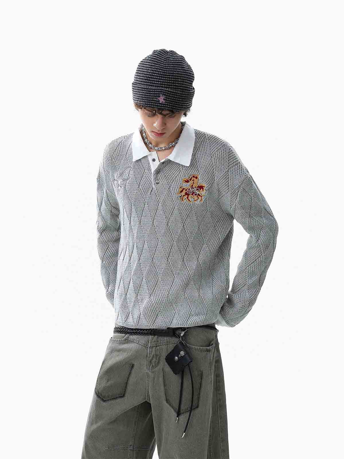 Retro Contrast Collar Embroidery Knit Sweater