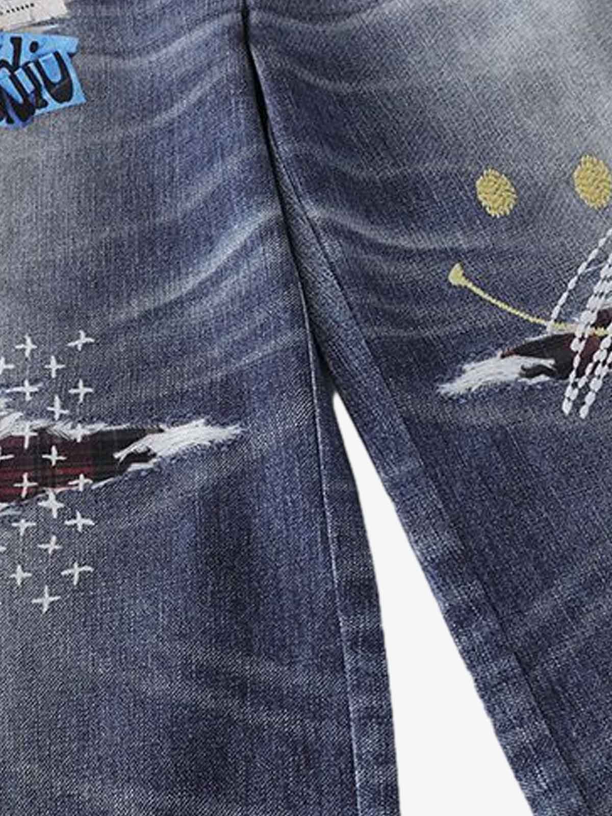Washed Graffiti Patchwork Print Jeans