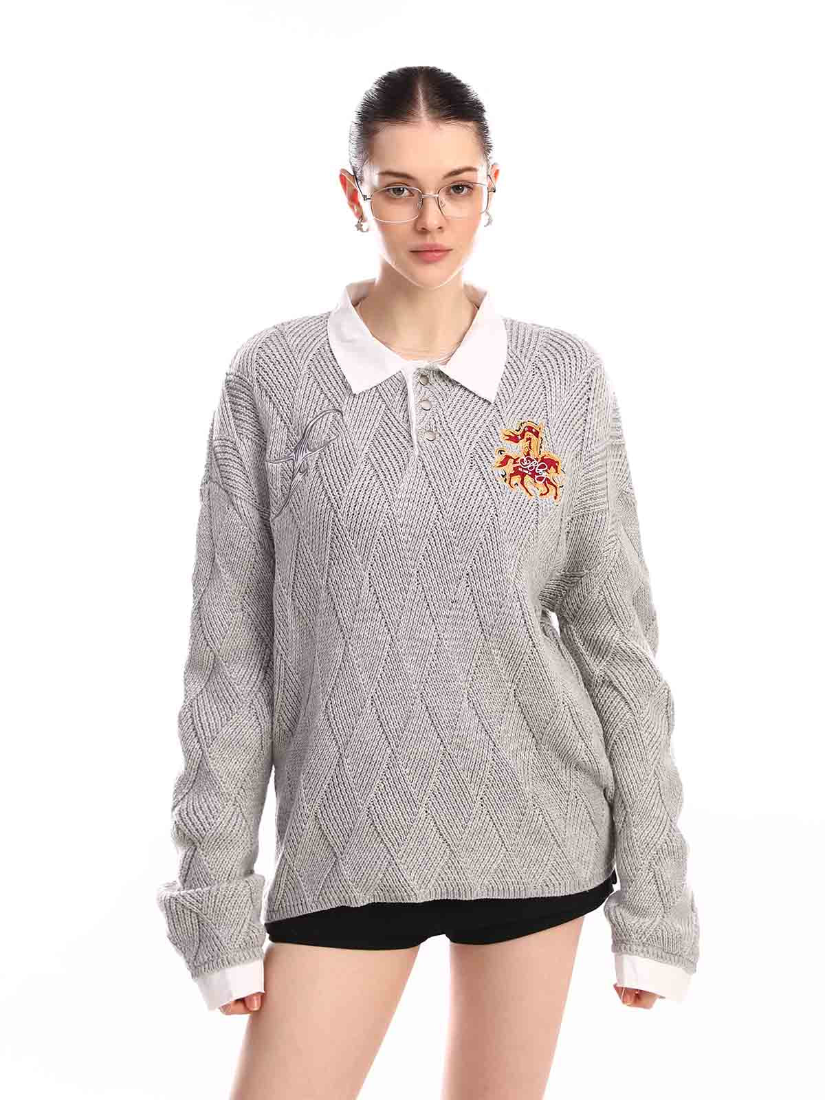 Retro Contrast Collar Embroidery Knit Sweater