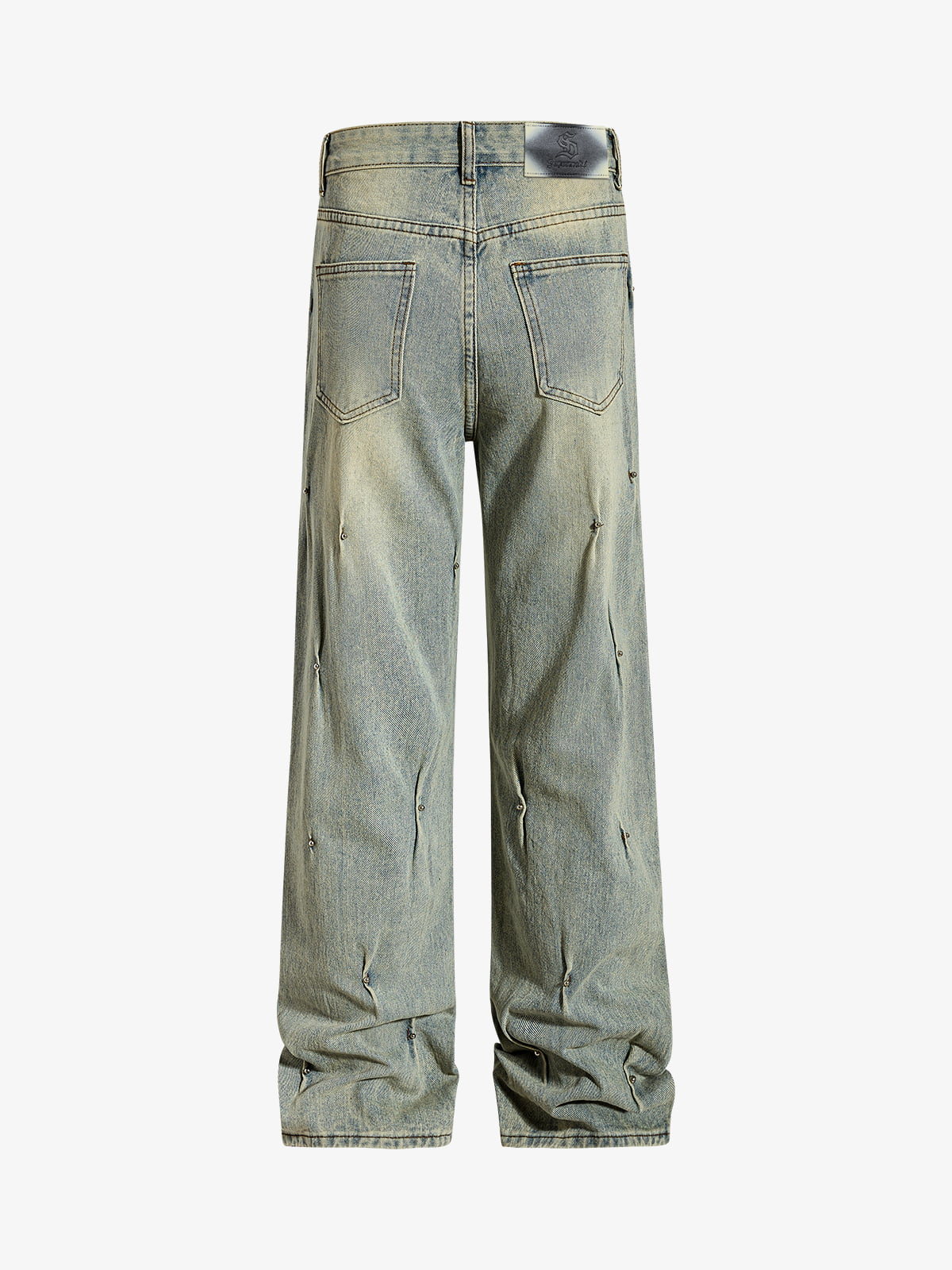 Vintage Washed Rivet-Detailed Wide Leg Jeans
