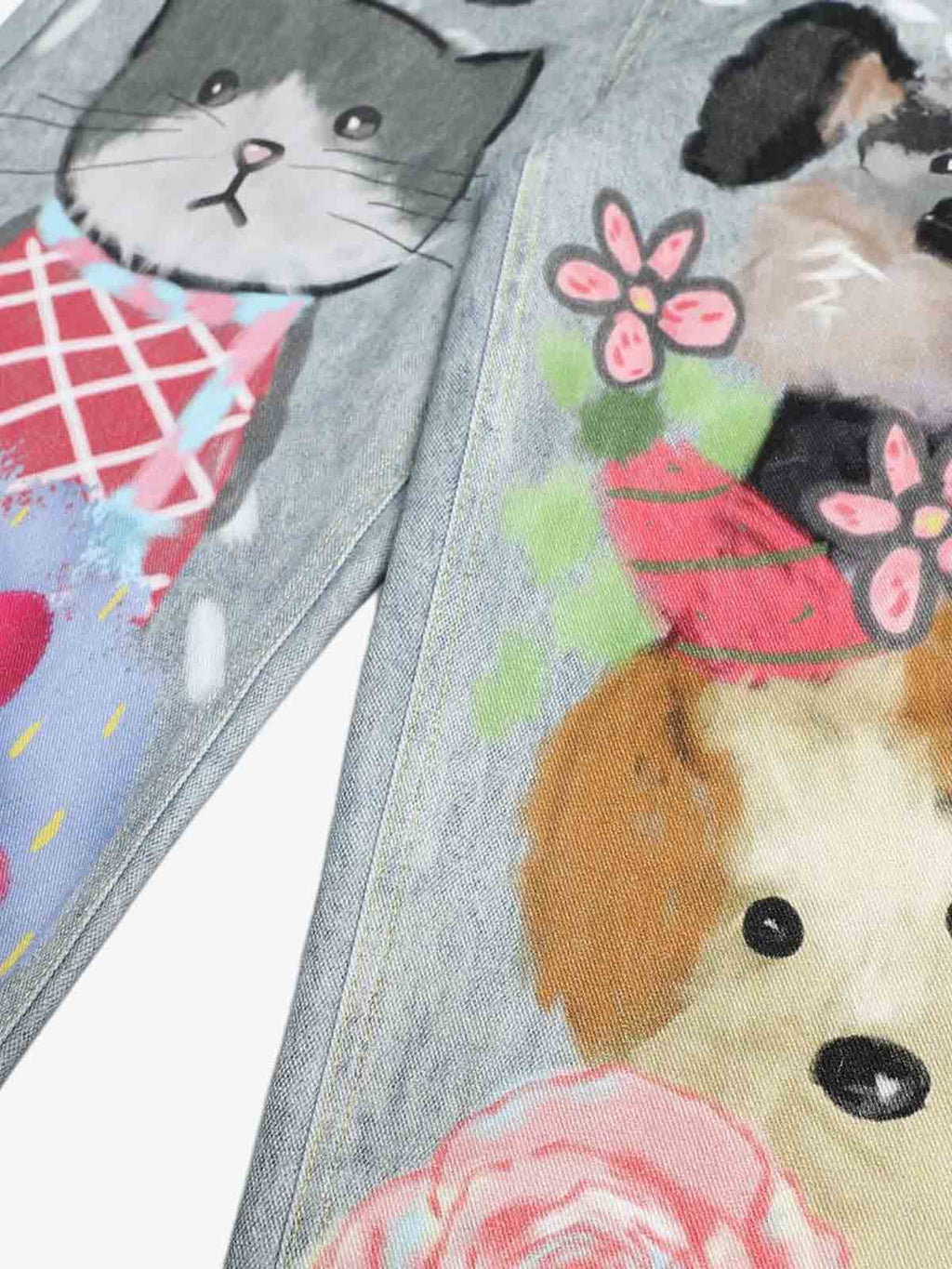 Graffiti Cartoon Animal Print Distressed Wide Leg Denim Jeans