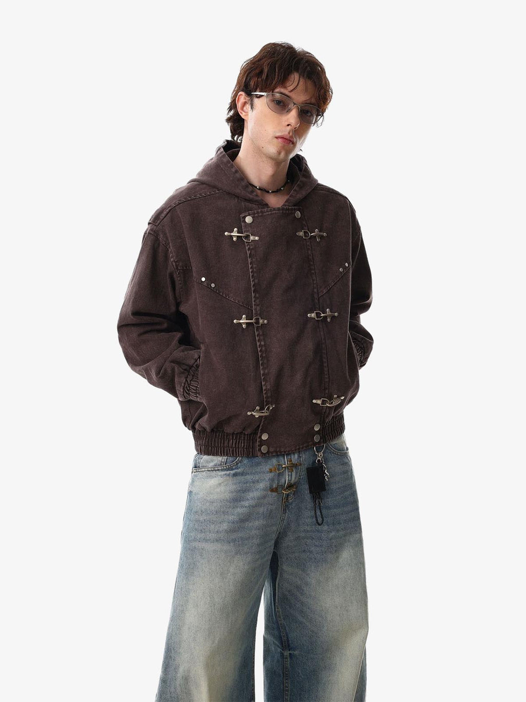 Washed Denim Metal Toggle Clasp Hooded Jacket