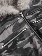 Vintage Camo Faux Fur Hood Padded Bomber Jacket