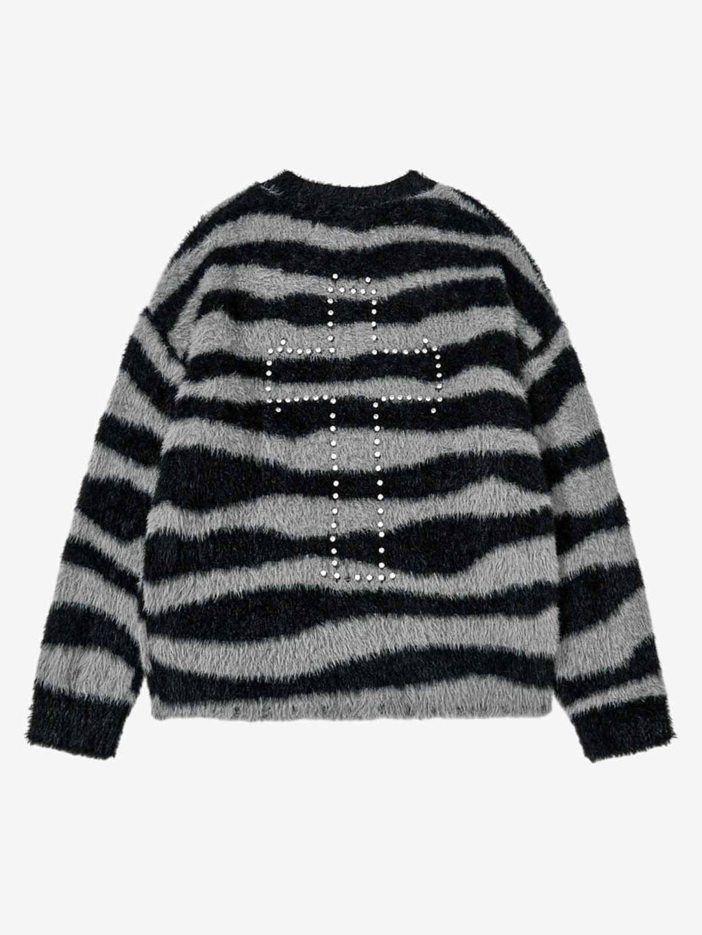 Retro Rhinestone Cross Fuzzy Zebra Stripe Sweater