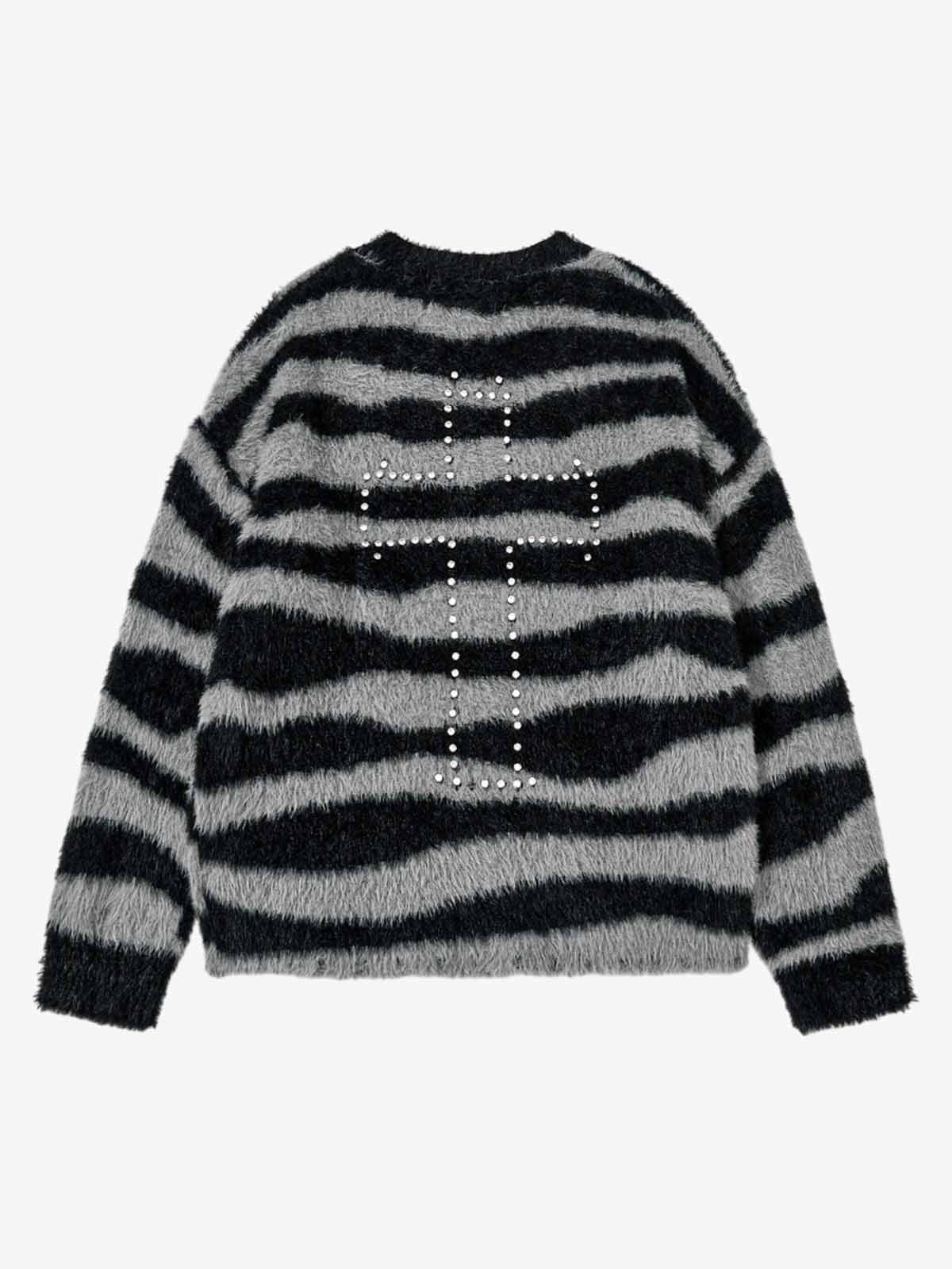 Retro Rhinestone Cross Fuzzy Zebra Stripe Sweater