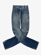 Vintage Distressed Button Fly Ruched Panel Flared Jeans