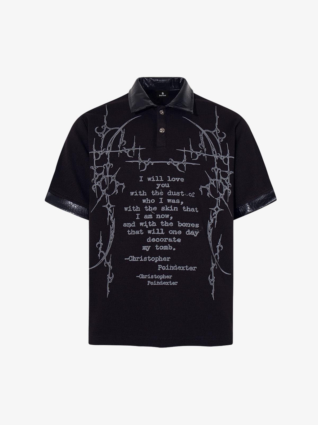 Gothic Text Print Leather Patchwork Polo T-Shirt