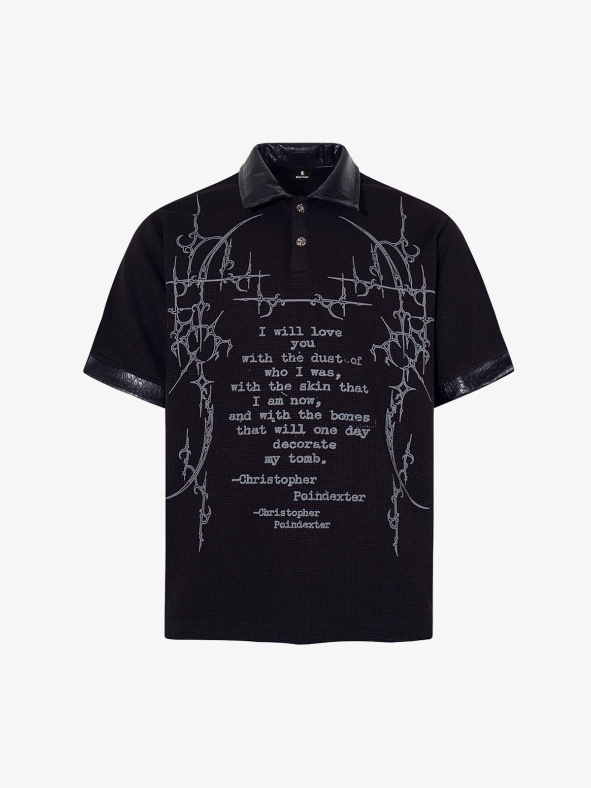 Gothic Text Print Leather Patchwork Polo T-Shirt