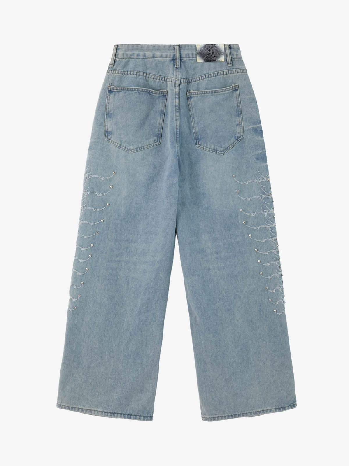 Distressed Studded Embroidery Washed Wide Leg Jeans