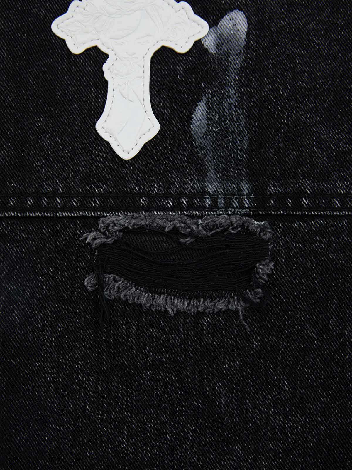 Distressed Cross Patchwork Baggy Denim Jeans - 2613