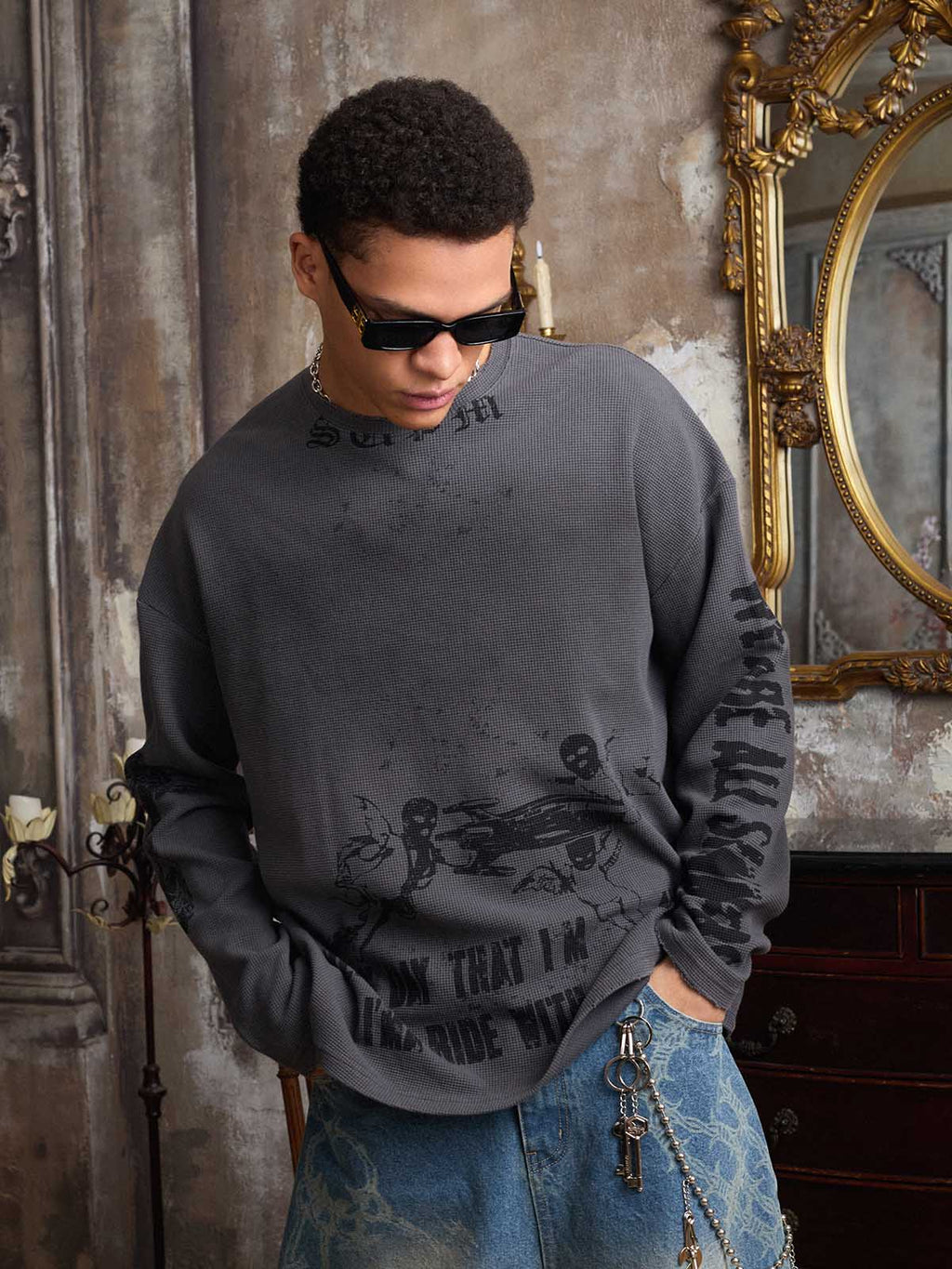 Waffle-Knit Distressed Gradient Print Long T-Shirt