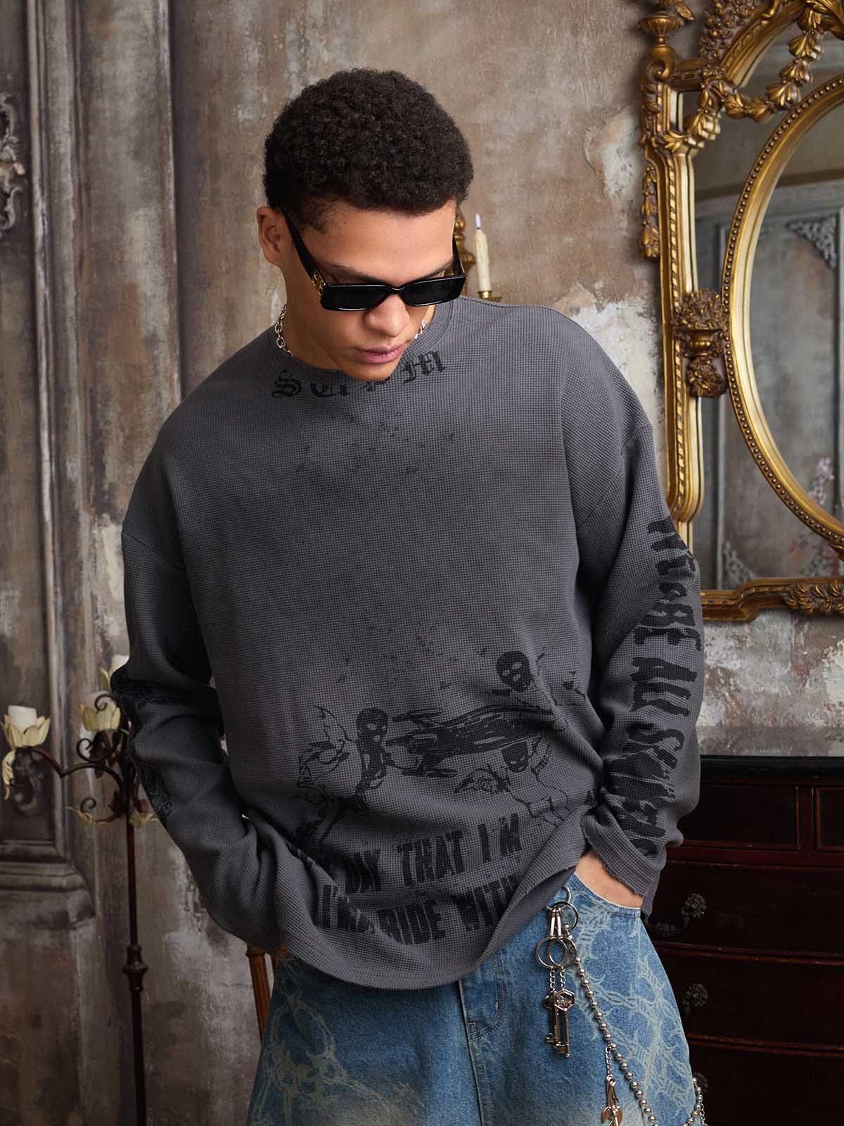 Waffle-Knit Distressed Gradient Print Long T-Shirt