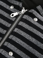 Detachable Fur Collar Striped Zip Up Hoodie