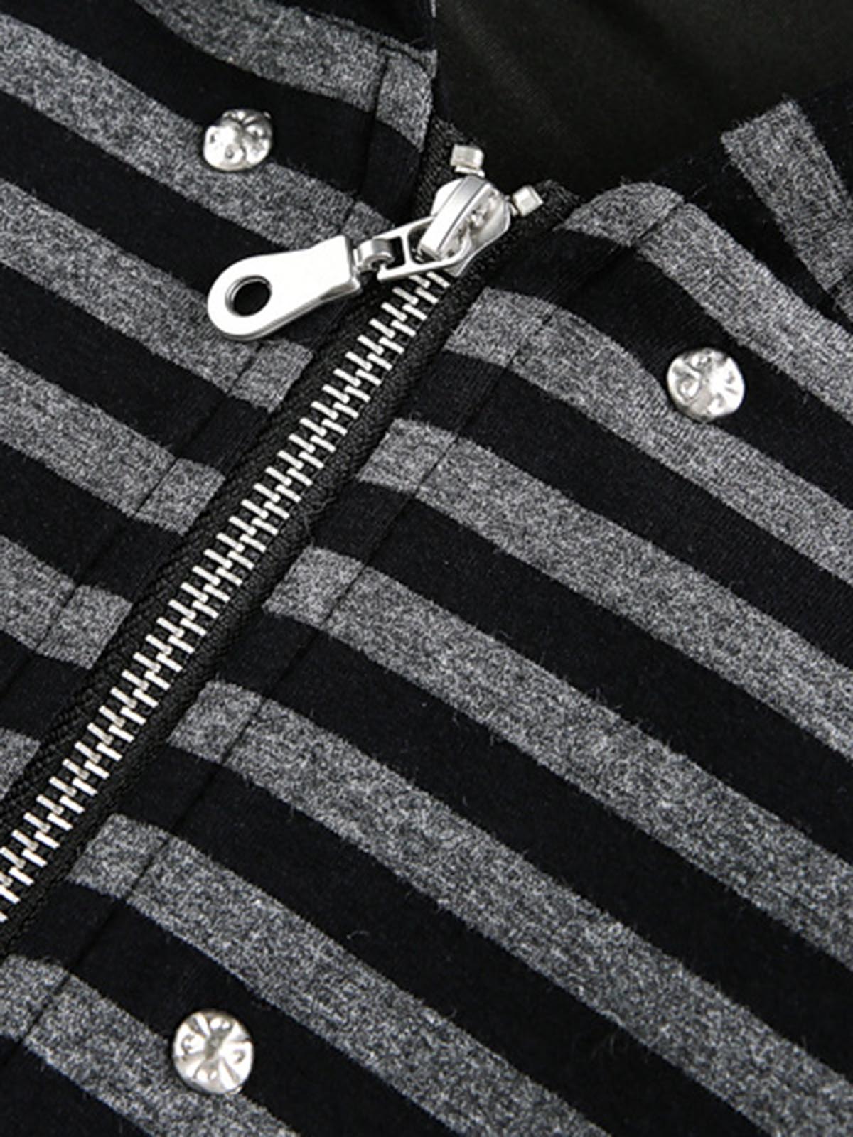 Detachable Fur Collar Striped Zip Up Hoodie