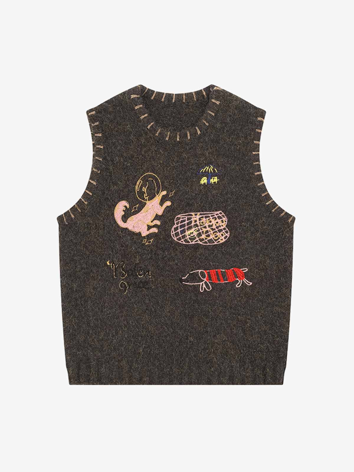 Vintage Embroidered Graphic Knit Sweater Vest