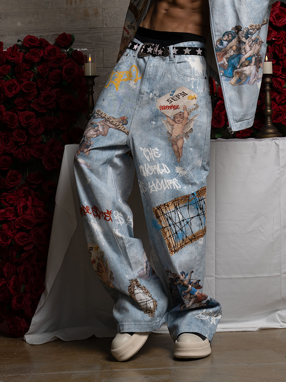 Retro Artistic Graffiti Angelic Prints Baggy Jeans - 2574