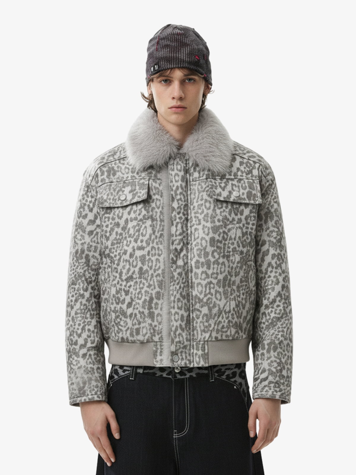 Vintage Leopard Fleece Faux Fur Collar Panel Trim Padded Jacket