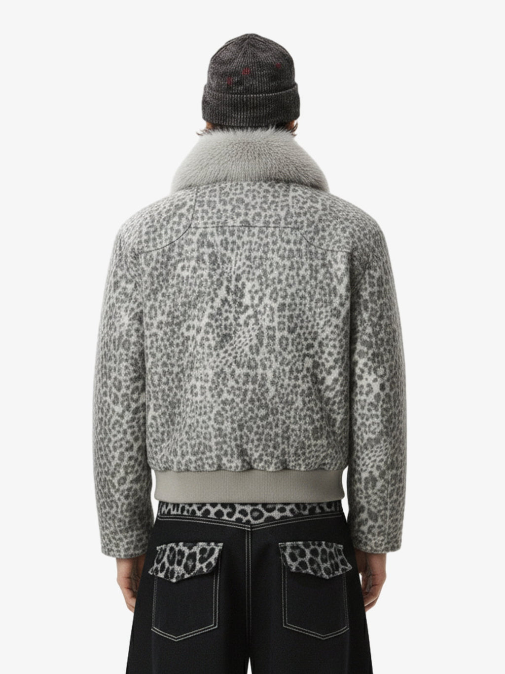 Vintage Leopard Fleece Faux Fur Collar Panel Trim Padded Jacket