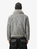 Vintage Leopard Fleece Faux Fur Collar Panel Trim Padded Jacket
