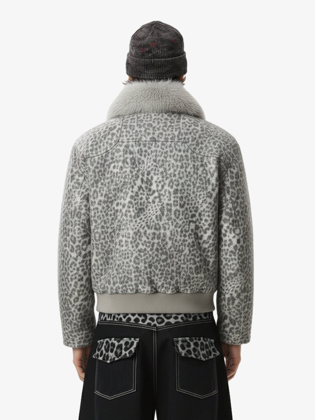 Vintage Leopard Fleece Faux Fur Collar Panel Trim Padded Jacket