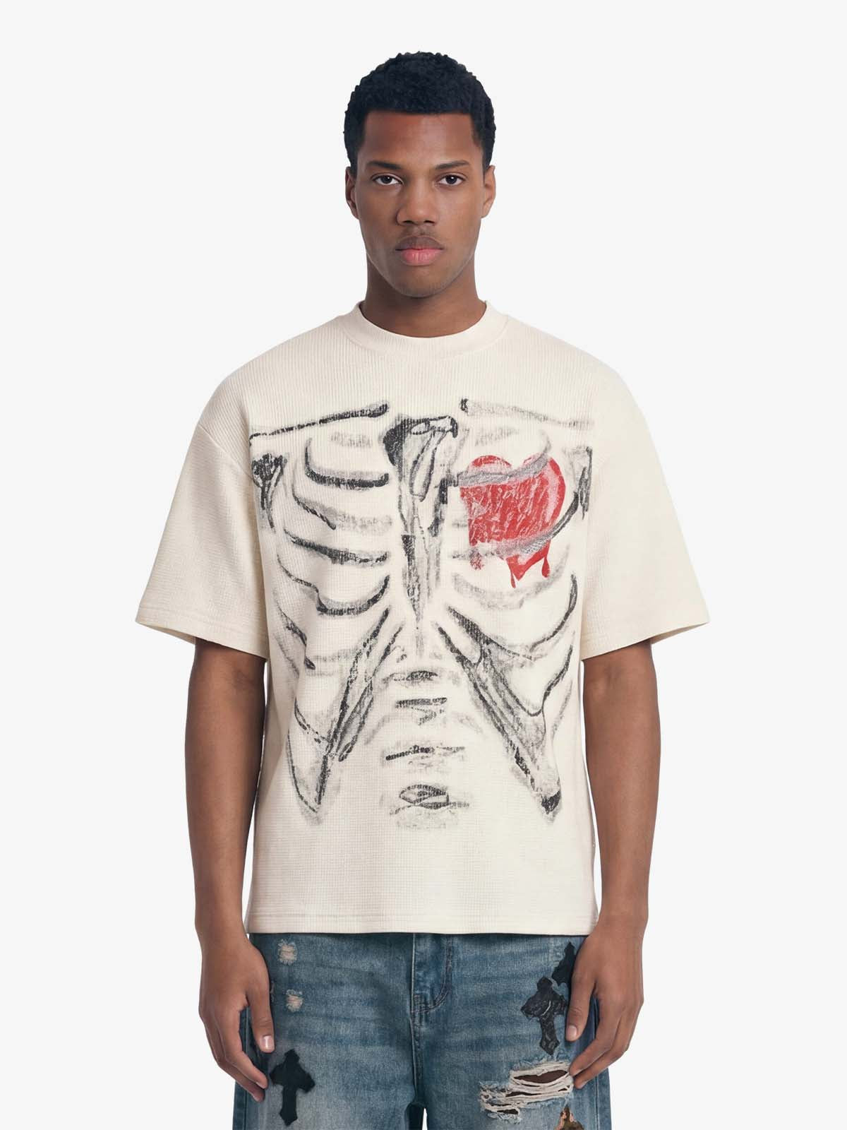 Skeleton & Melted Heart Graphic Waffle Knit T-Shirt