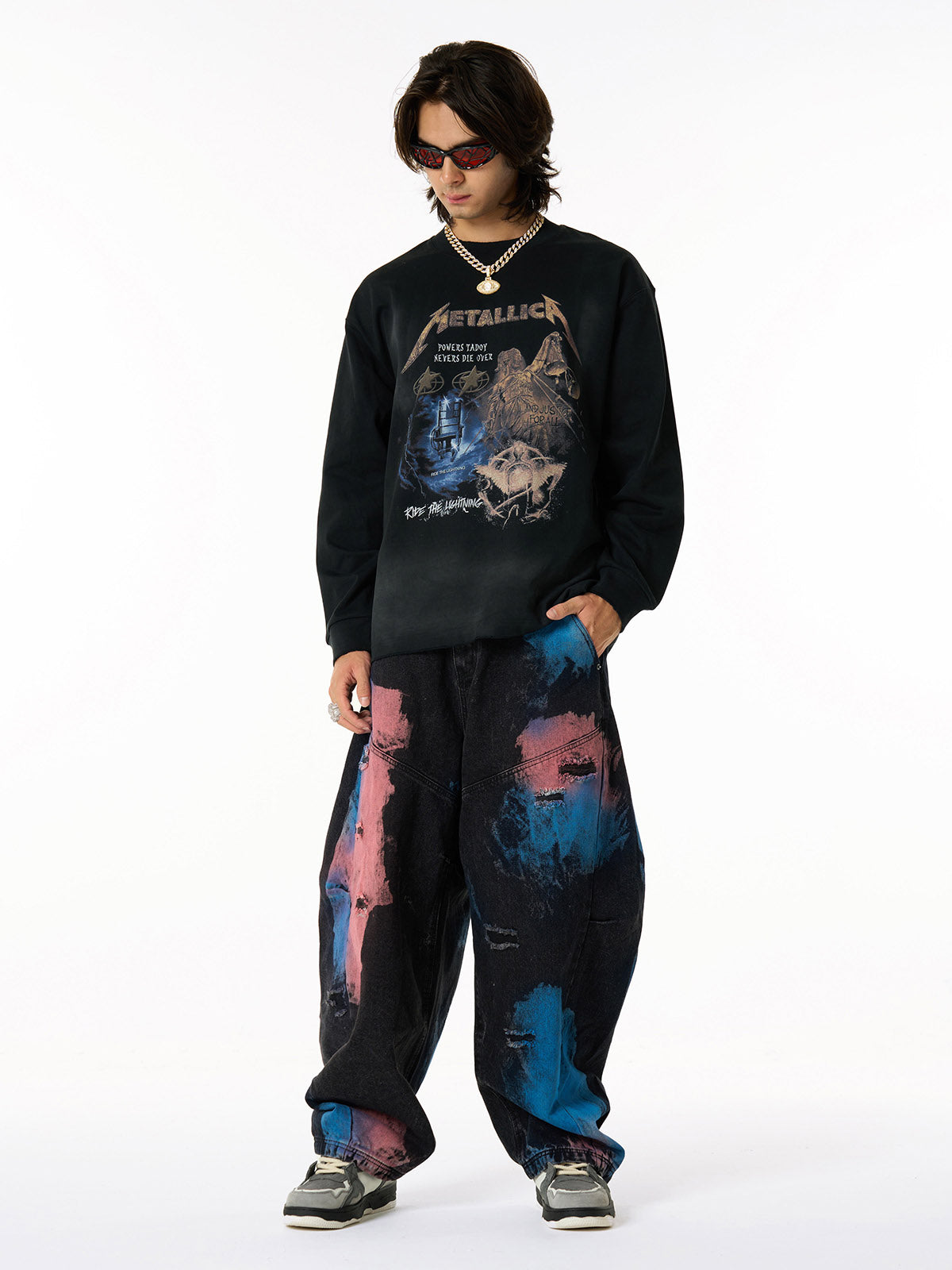 Vintage Tie-Dye Contrast Color Ripped Barrel Jeans