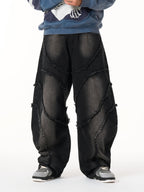 Washed Distressed Raw Edge Barrel Jeans - 2402