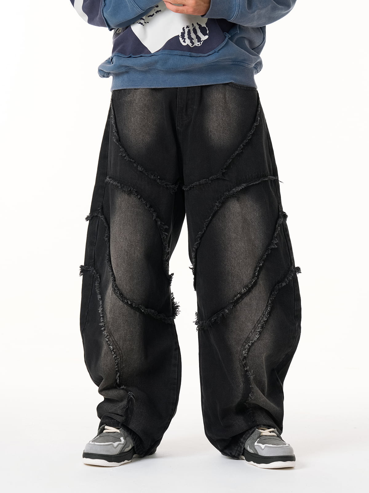Washed Distressed Raw Edge Barrel Jeans - 2402