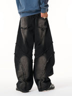 Washed Distressed Raw Edge Barrel Jeans - 2402