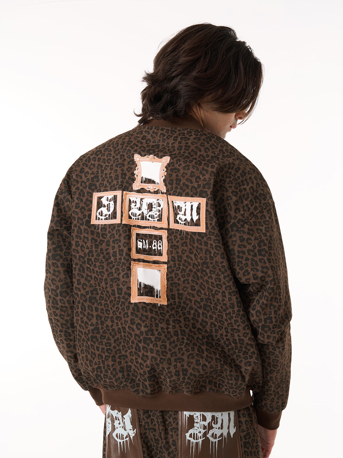 Cross Frame Leopard Print Baseball Jacket - 2572