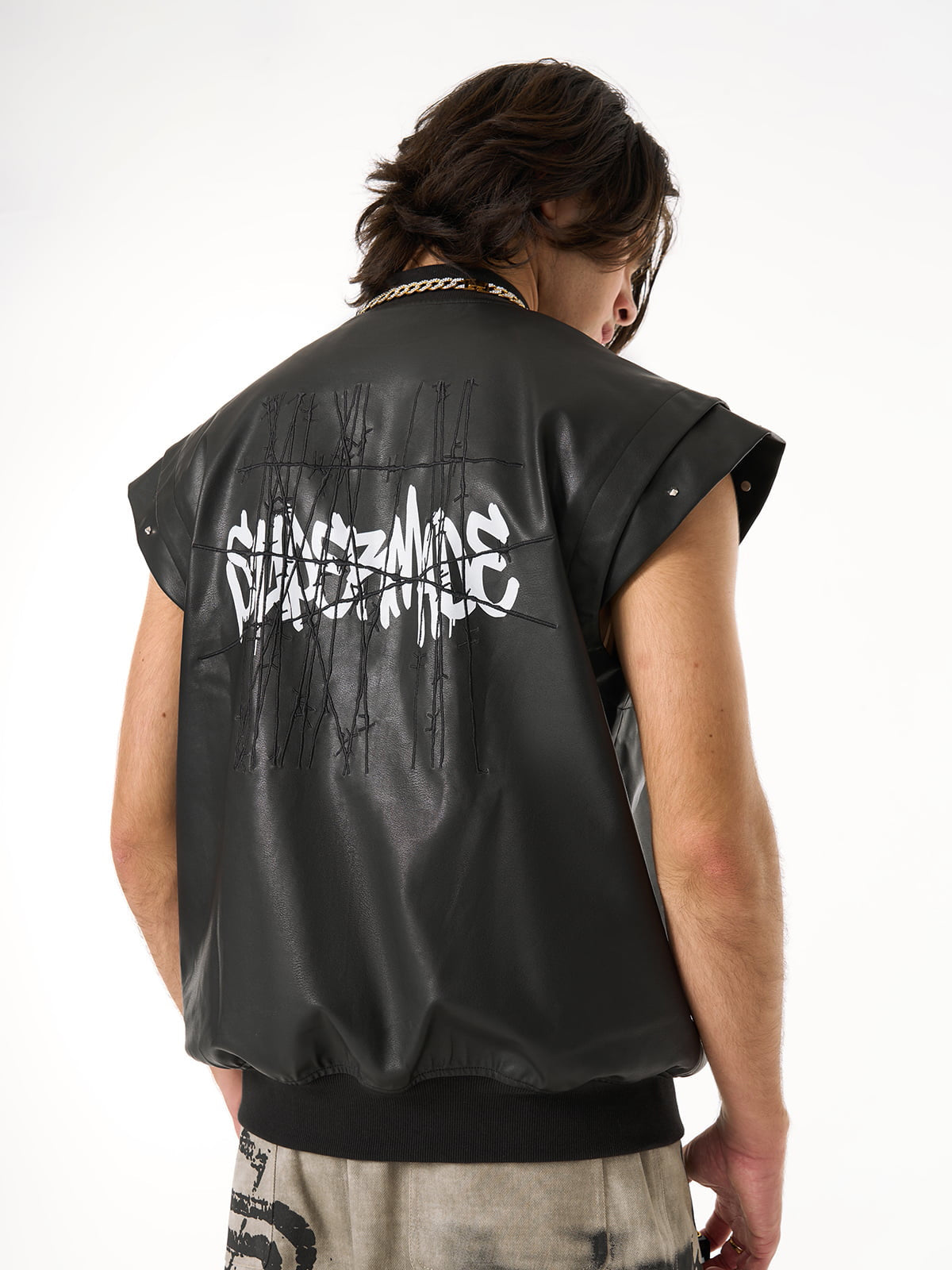 Thorn Destruction Frame Pattern Leather Vest