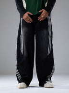 Denim Contrast Striped Stitching Barrel Jeans - 2504