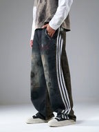 Washed Stripe Patchwork Totem Print Baggy Jeans
