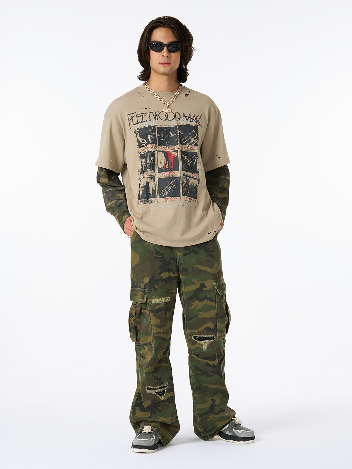 Jersey Distressed Camouflage Faux Two-Piece Graphic T-Shirt - 2420