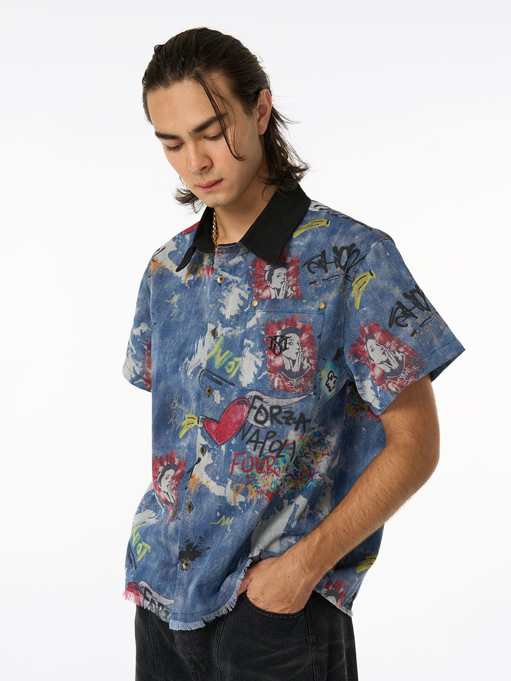 Tie-Dye Denim Graffiti Polo T-Shirt