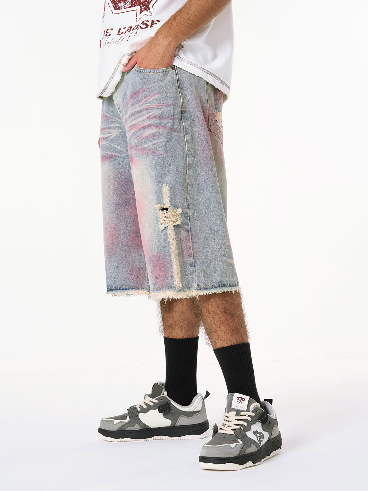Distressed Tie-Dye Denim Jorts