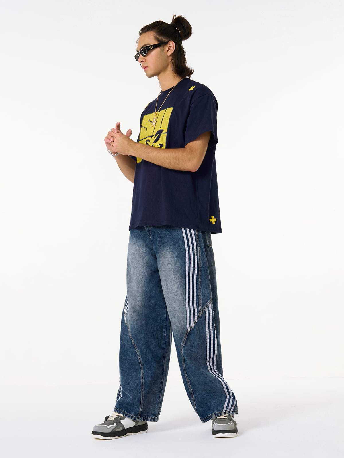 Denim Contrast Striped Stitching Barrel Jeans - 2504
