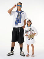 Jersey Knit Detachable Badge Hooded Plaid Cape T-Shirt