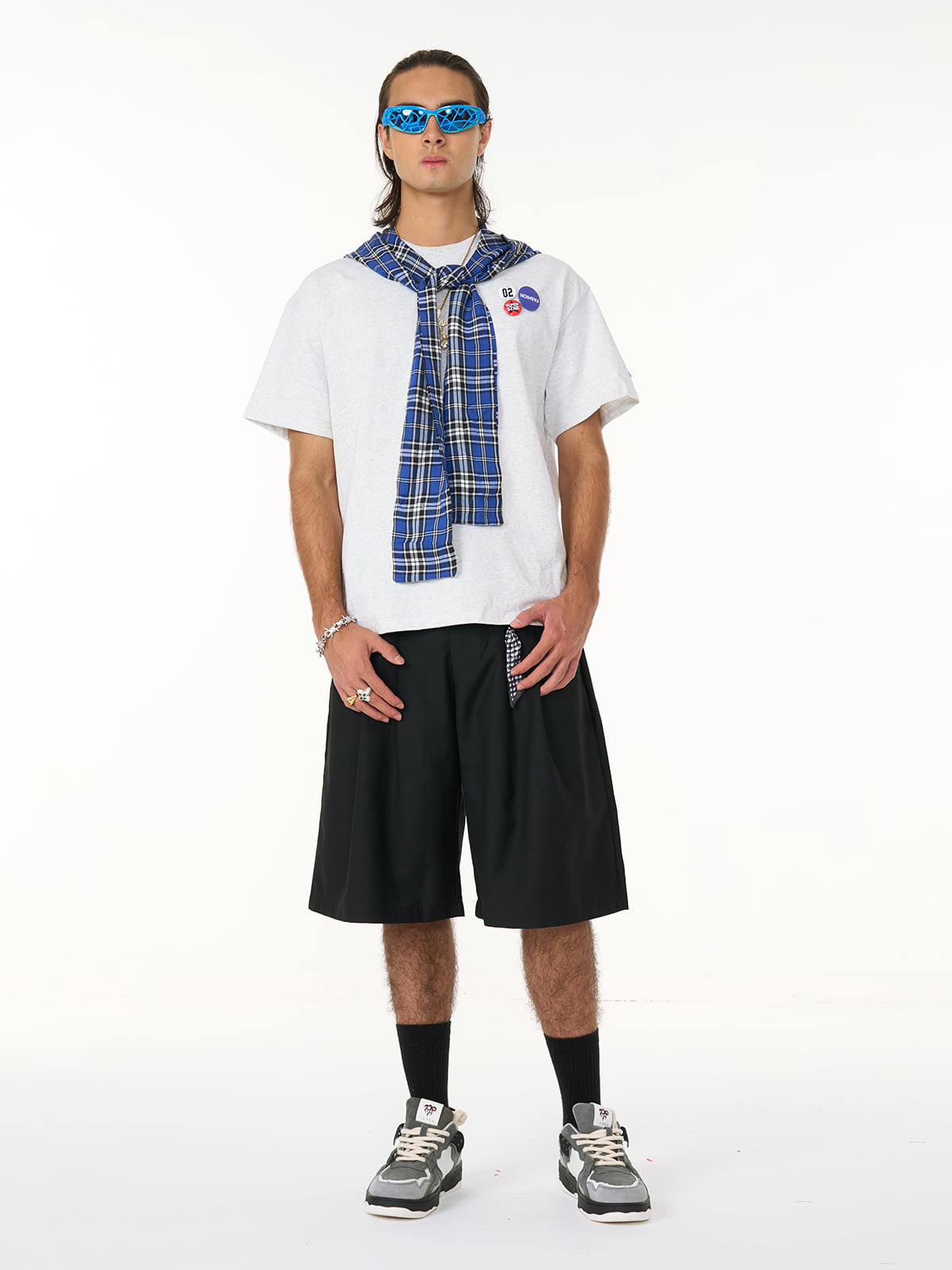 Jersey Knit Detachable Badge Hooded Plaid Cape T-Shirt