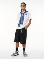 Jersey Knit Detachable Badge Hooded Plaid Cape T-Shirt