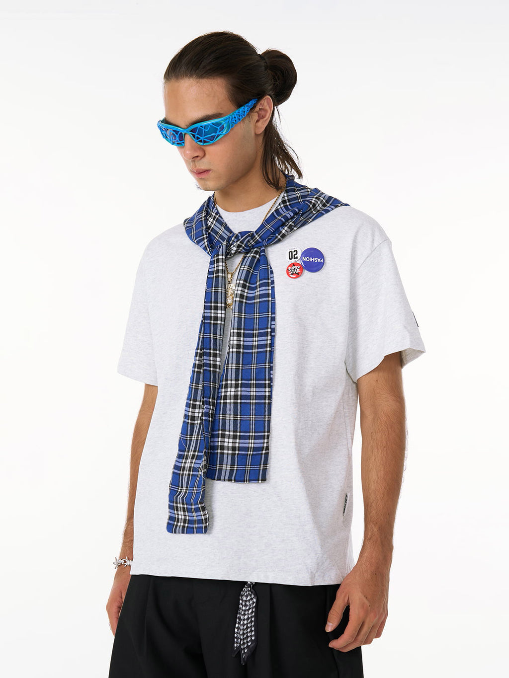 Jersey Knit Detachable Badge Hooded Plaid Cape T-Shirt