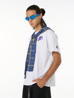 Jersey Knit Detachable Badge Hooded Plaid Cape T-Shirt